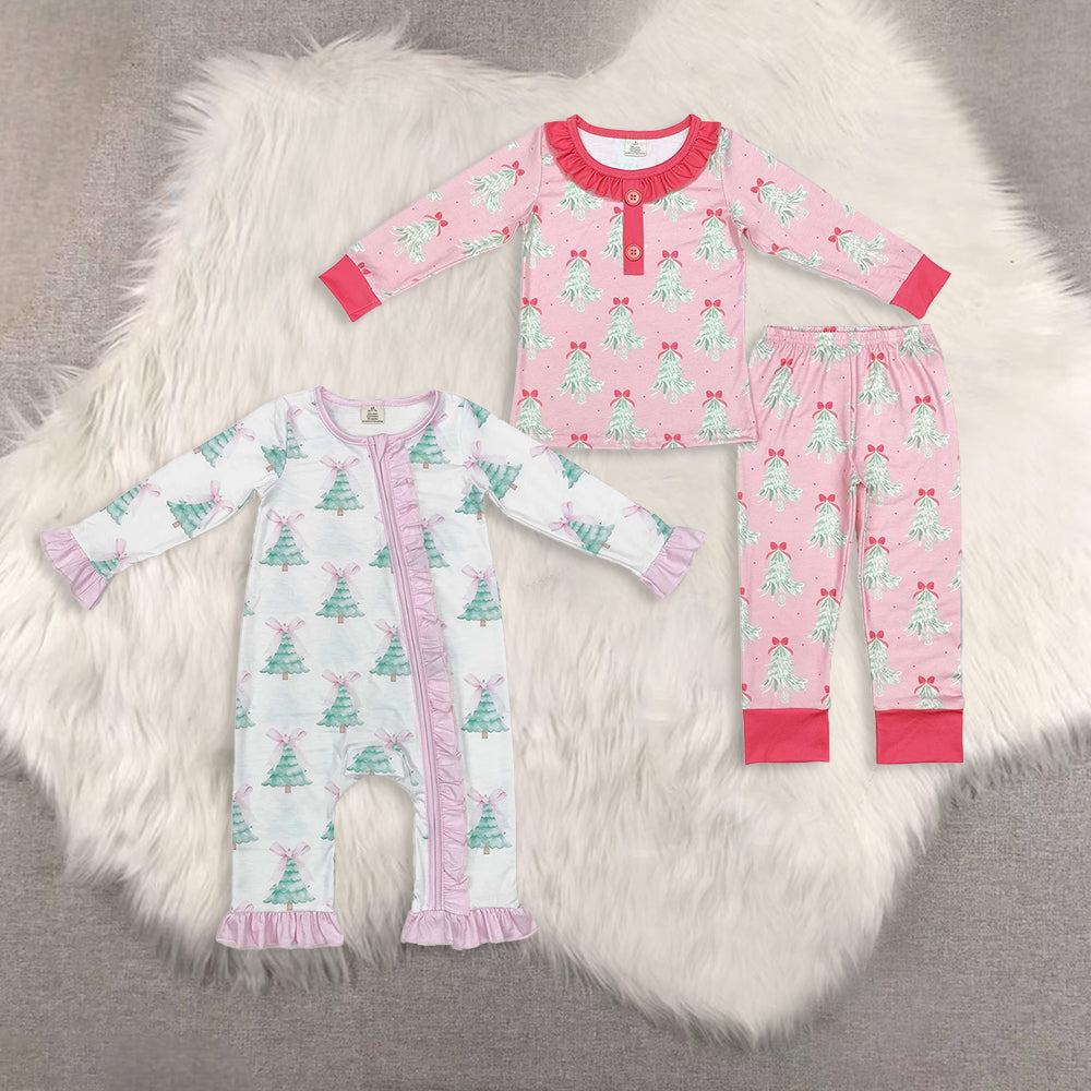 RTS NO MOQ Sibling Baby girls modal Christmas trees bow long-sleeved trousers suit & romper