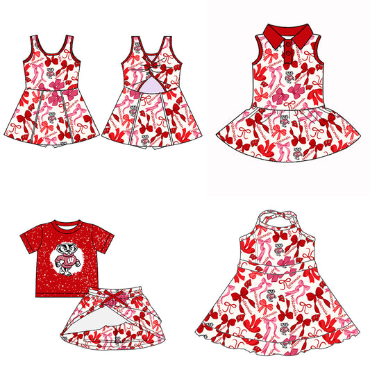 Custom moq 5 mix sizes summer teams baby girls clothes team red short sleeve skirts shorts sets dress 1 and dress 2 and dress 3 and dress 4-25.5.13