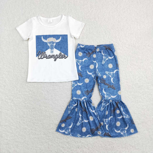 GSPO1287  wrangler alpine cow head white short-sleeved flower blue trousers suit 3  ready to ship