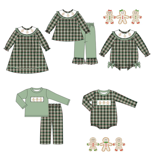 Custom moq 3 MIX SIZE eta 7/8week moq 5 eta /4/5week Biscuit Bear Print Green Irregular Plaid Long Sleeve Mixed Suit