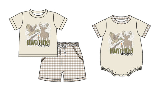 25.11.25 custom each style moq 5 eta 6-8 week Sibling Sister HUNTING baby boy short sleeve shorts sets and boy rompers match family design