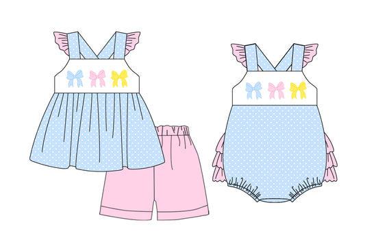 1.8 custom each style moq 5eta 4-6week Sibling Sister bow baby girl sets and boy romper match family design