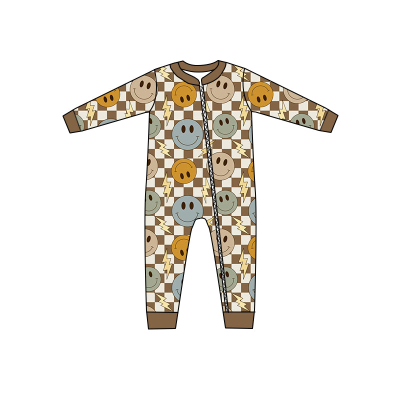 4.27custom moq 5 eta 4-5weeks smiley-face prints brown plaid baby romper