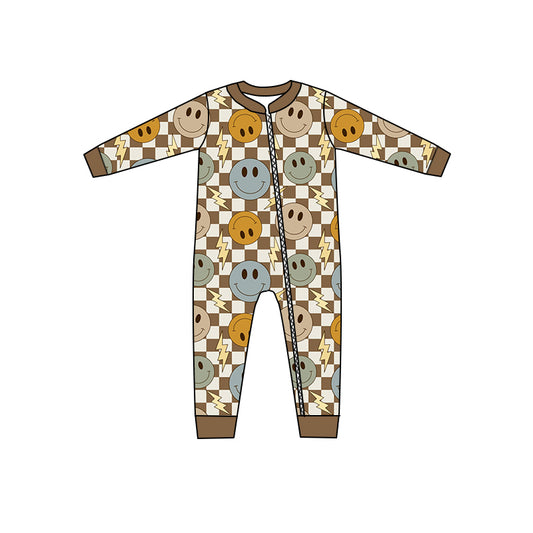 4.27custom moq 5 eta 4-5weeks smiley-face prints brown plaid baby romper