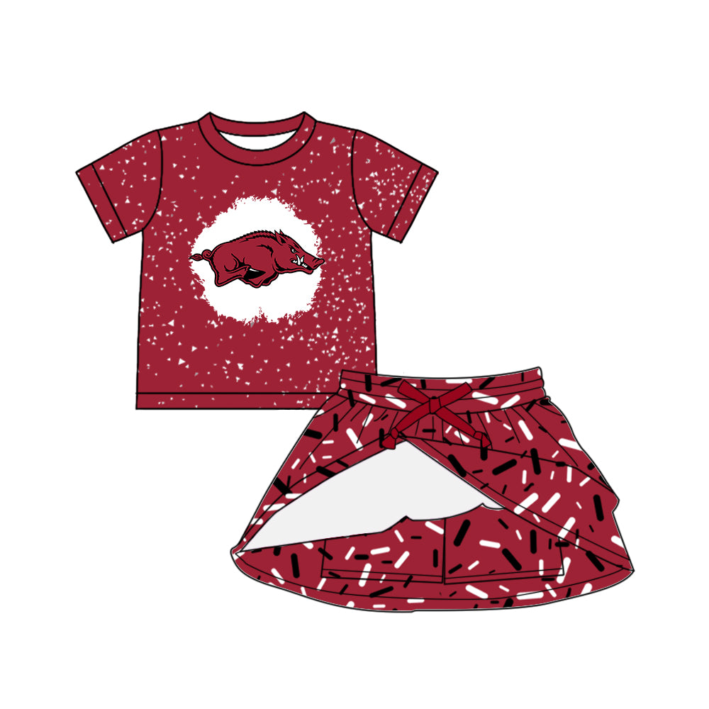 Custom moq 5 mix sizes summer teams baby girls clothes team brick red short sleeve shorts skirts sets dress top-25.5.9