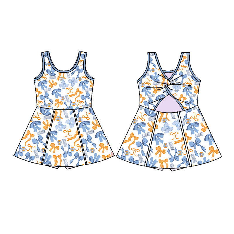 Custom moq 5 mix sizes summer teams baby girls clothes team orange short sleeve skirts shorts sets dress 1 and dress 2-25.5.10