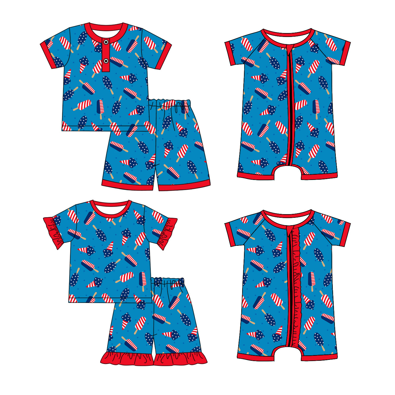 1.6 custom each style moq 5eta 4-6week Sibling Sister 4th of july baby girl short sleeve shorts sets and sets 2 and boy romper and girl romper match design