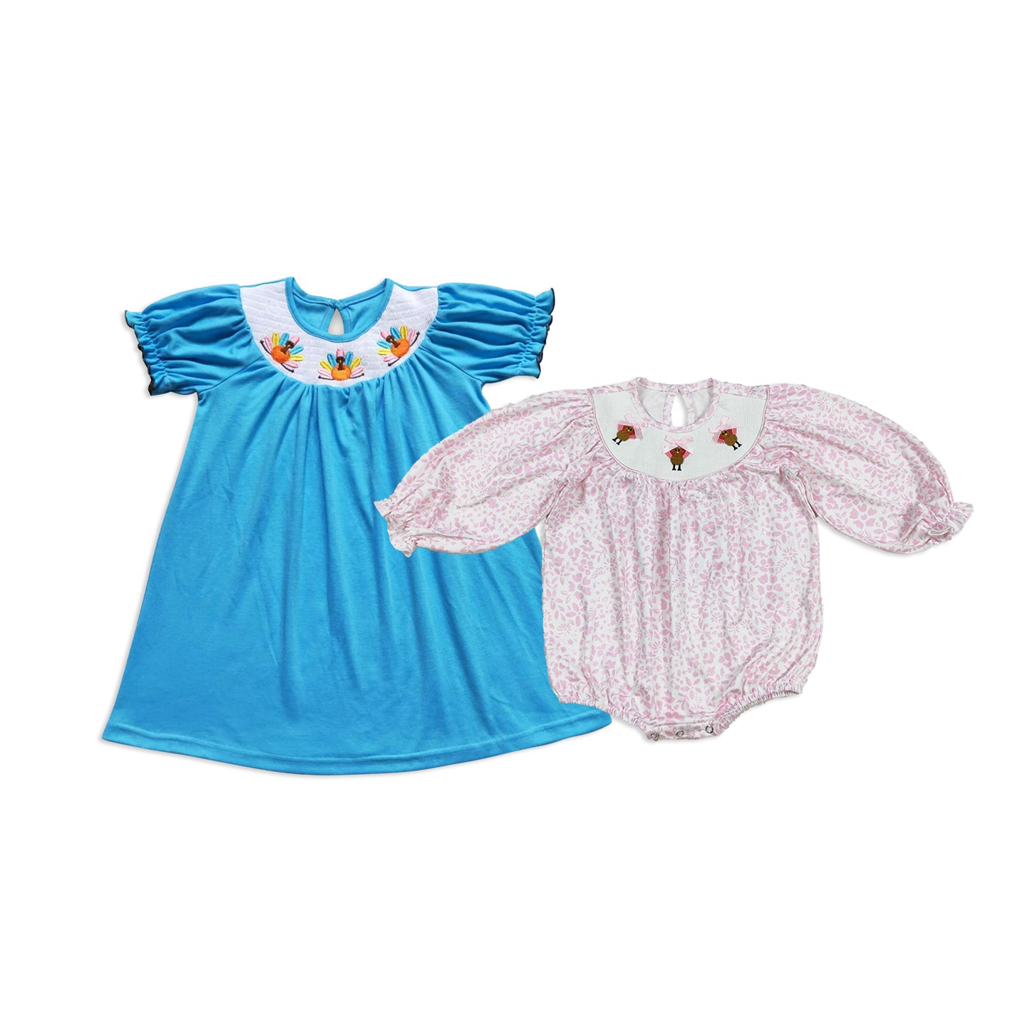 RTS NO MOQ Sibling baby girl clothes Embroidery Autumn Series smocked dress and romper