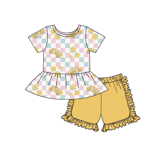 5.1(1)custom each style moq 5eta 4-5week school bus and pink-blue plaid prints white girls outfits and dress match family design