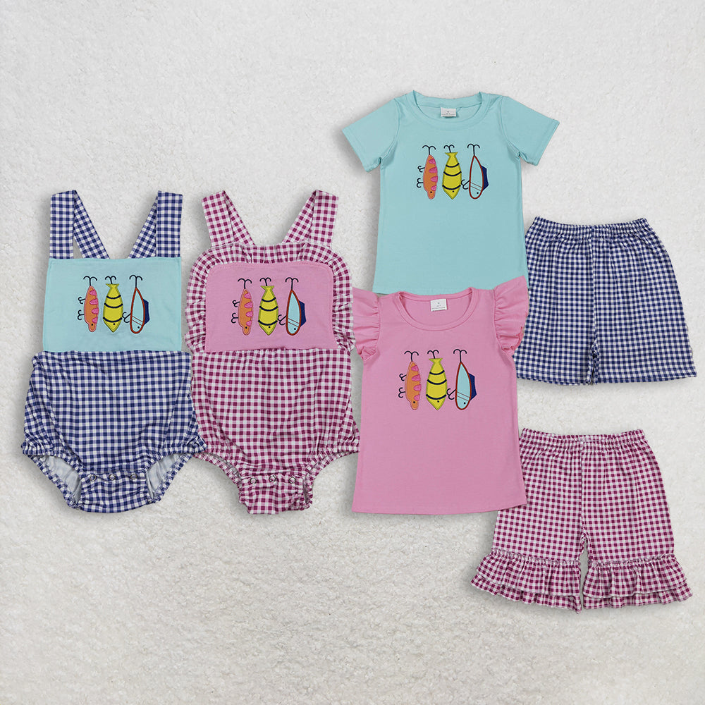 RTS NO MOQ sibling baby girls boys clothes embroidery fishing short sleeve Clothes Sets and rompers
