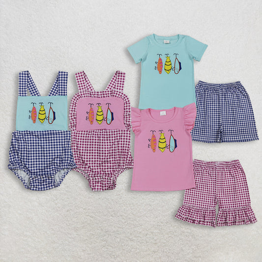 RTS NO MOQ sibling baby girls boys clothes embroidery fishing short sleeve Clothes Sets and rompers