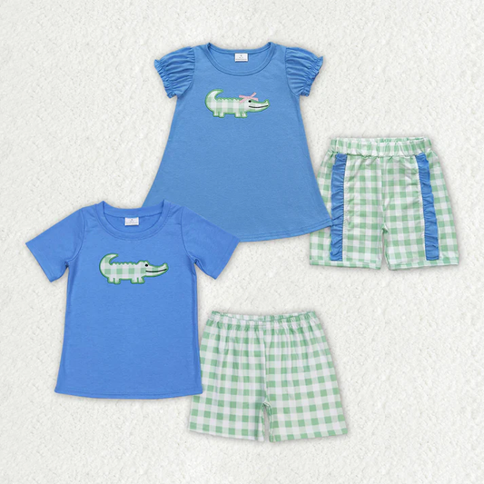 Baby Girls Crocodile Shirt Green Checkered Sibling Shorts Clothes Sets BSSO0736  	 GSSO0850