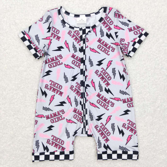 SR0562 mama's girl lightning black and white checkered gray short sleeve zipper jumpsuit