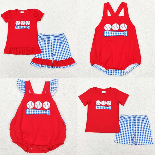 RTS Embroidery Baseball Red Short Sleeve Blue Plaid Shorts Set