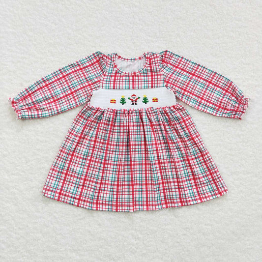 GLD0331 smocked embroidered gift Santa Claus red and green plaid long-sleeved dress