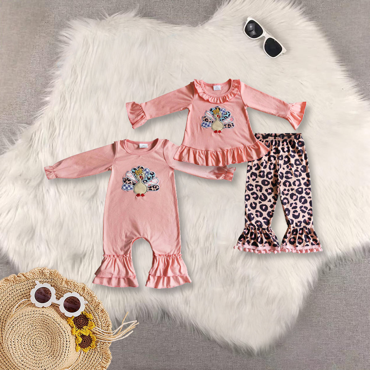 RTS Sibling baby girls clothes Embroidery thanksgiving turkey long Sleeve pants sets and rompers