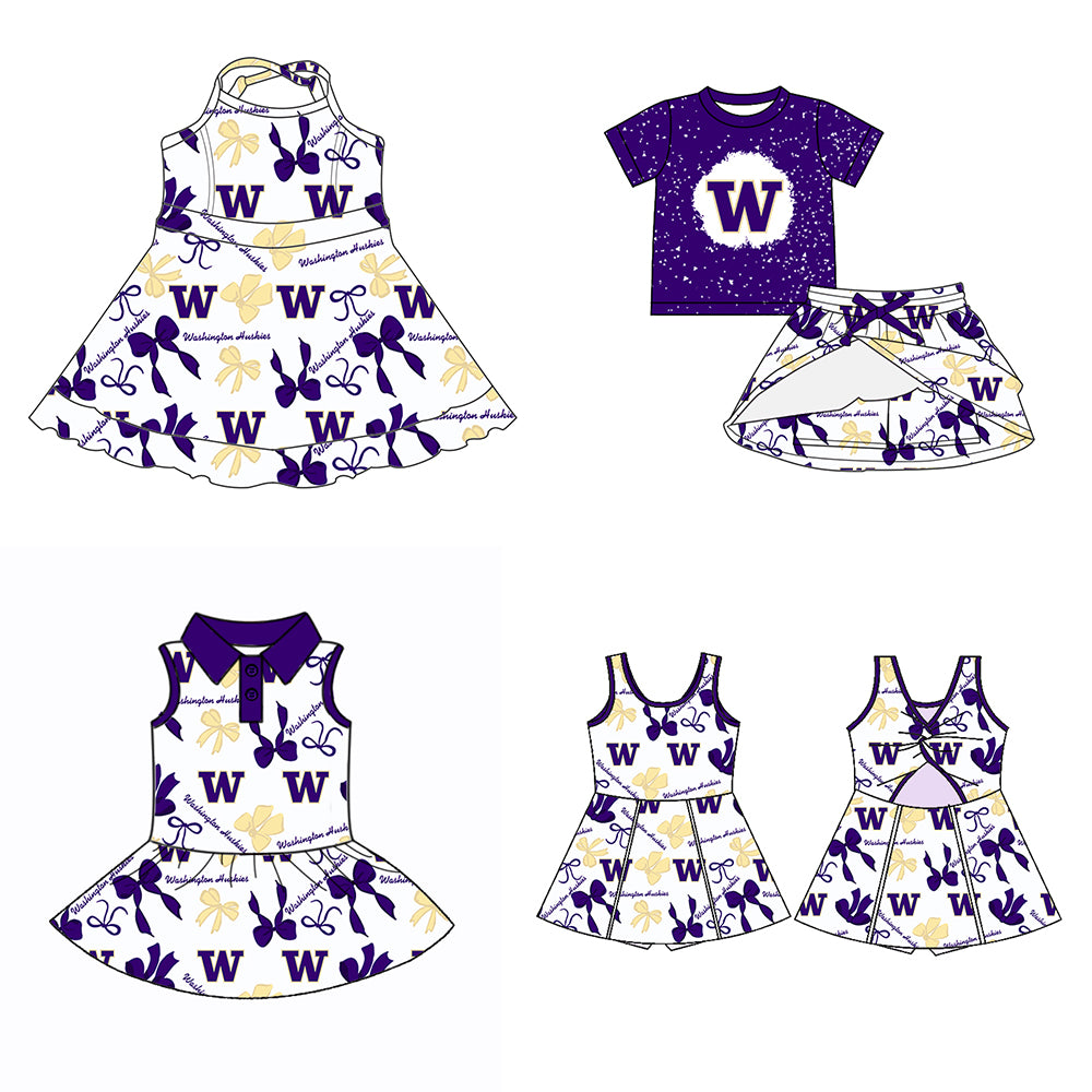 Custom moq 5 mix sizes summer teams baby girls clothes team purple short sleeve skirts shorts sets dress 1 and dress 2 and dress 3 and dress 4-25.5.26