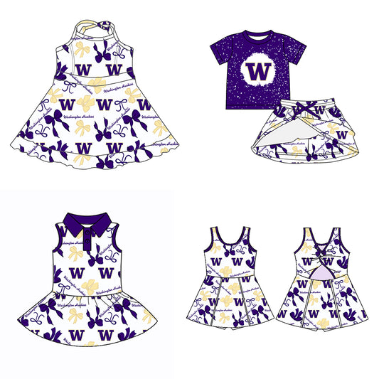 Custom moq 5 mix sizes summer teams baby girls clothes team purple short sleeve skirts shorts sets dress 1 and dress 2 and dress 3 and dress 4-25.5.26