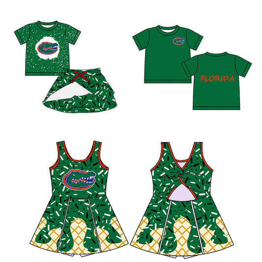Custom moq 5 mix sizes summer teams baby girls clothes team green short sleeve skirts shorts sets dress top-25.5.9