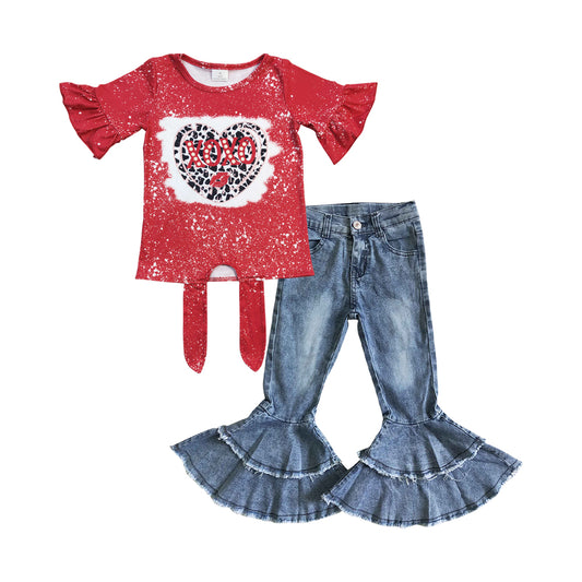 GT0127 Girls XOXO cow pattern love red short-sleeved top+C5-15 Light bleached double denim flared pants