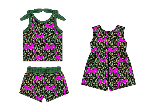 1.23 custom each style moq 5eta 4-6week Sibling Sister camouflage bow baby girls short sleeve shorts sets and jumpsuit match design