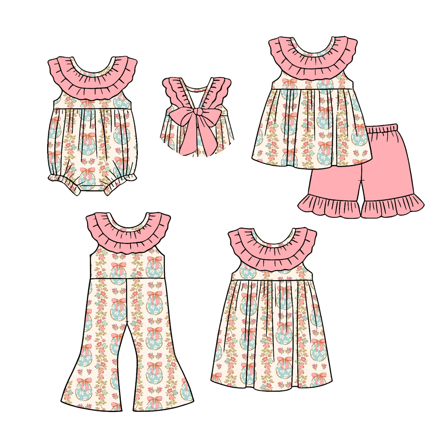 26.1.1 custom each style moq 5 eta 6-8week Sibling Sisters baby girl short sleeve shorts sets and jumpsuits and dress and rompers match family design