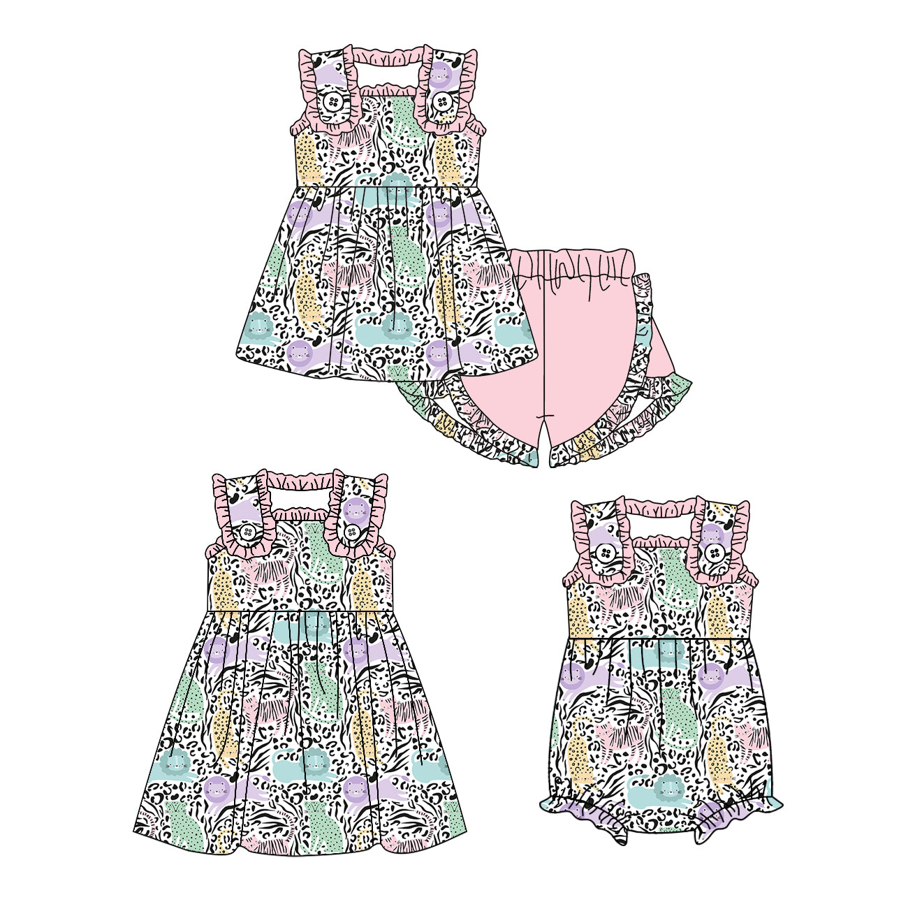 2.7 custom each style moq 5eta 4-6week Sibling Sisters floral baby girl short sleeve shorts sets and dress and rompers match family design