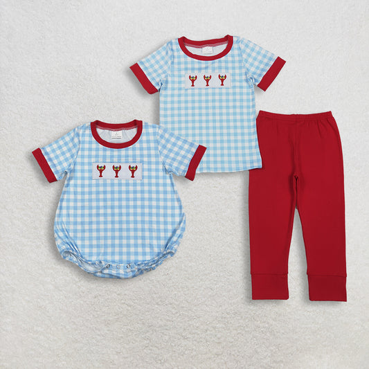 RTS NO MOQ Sibling baby boy clothes embroidery mardi gras short sleeve pants sets and romper