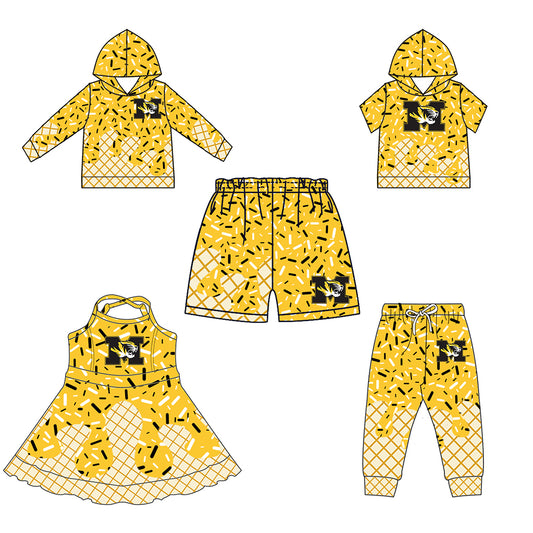 Custom summer teams baby girls clothes team yellow hooded long sleeve tops and short sleeve top and dress and pants and shorts-25.5.28