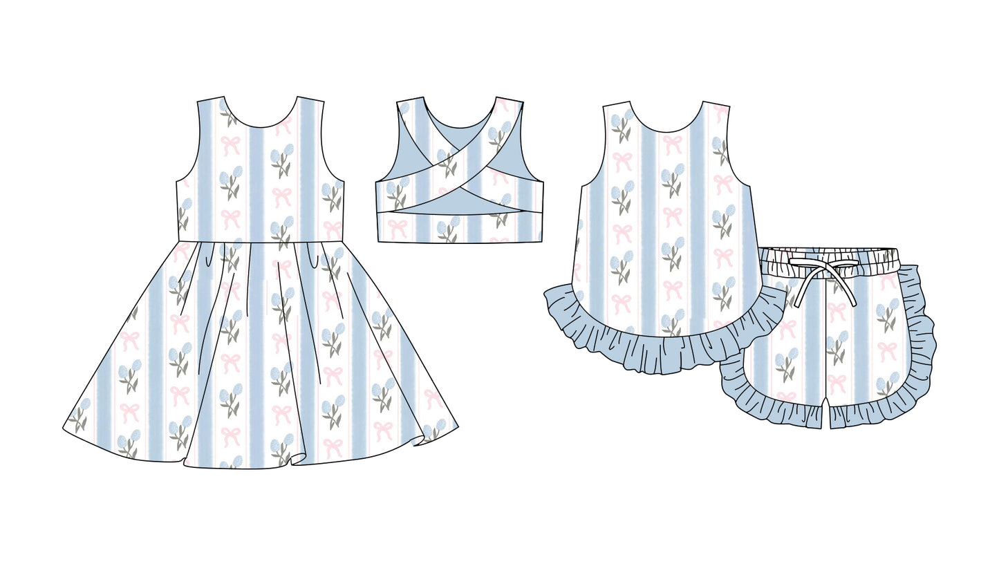 25.11.28 custom each style moq 5 eta 6-8week Sibling Sister floral bow baby short sleeve shorts sets and dress match design
