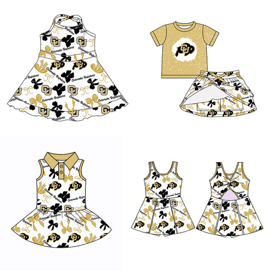 Custom moq 5 mix sizes summer teams baby girls clothes team khaki short sleeve skirts shorts sets dress 1 and dress 2 and dress 3 and dress 4-25.5.24