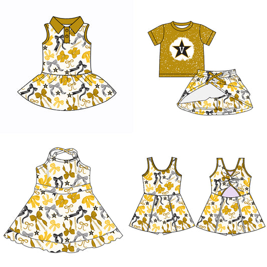 Custom moq 5 mix sizes summer teams baby girls clothes team yellow short sleeve skirts shorts sets dress 1 and dress 2 and dress 3 and dress 4-25.5.15