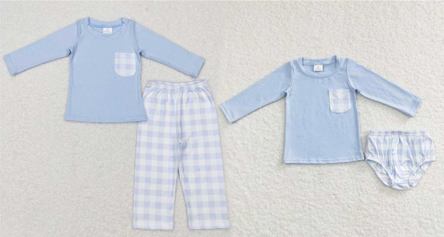 Baby boys solid color plaid Sibling Sister Clothes Sets