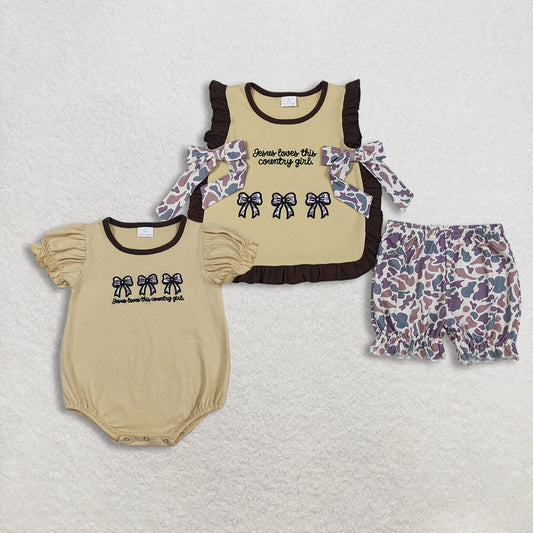3/6m-6/7t RTS NO MOQ Sibling baby girl clothes embroidery gun hunting short sleeve shorts sets and romper