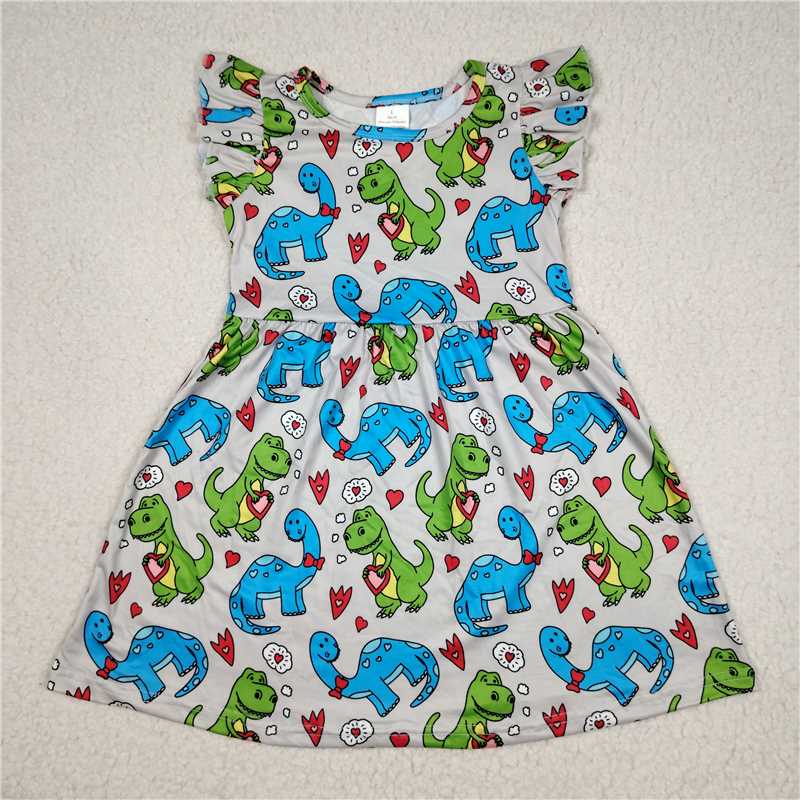 RTS SALES NO MOQ G1-12-5；*。 Dinosaur Love White Flying Sleeve Skirt 恐龙爱心白色飞袖裙