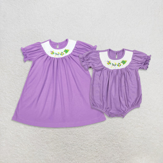 RTS NO MOQ Sibling baby girl clothes GSD0502 Smocked embroidered carnival mask purple and white plaid short-sleeved dress and romper