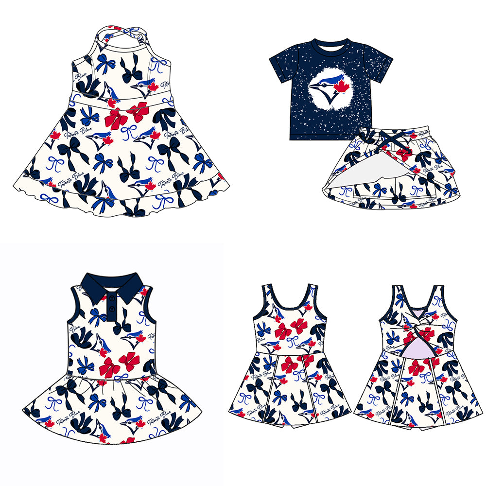 Custom moq 5 mix sizes summer teams baby girls clothes team blue short sleeve skirts shorts sets dress 1 and dress 2 and dress 3 and dress 4-25.5.19