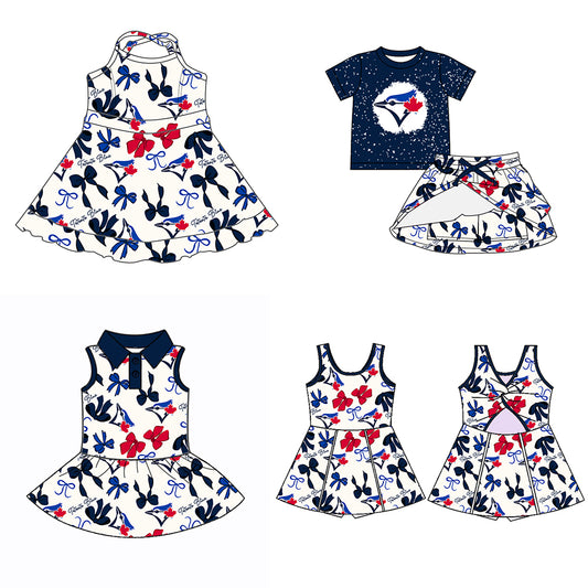 Custom moq 5 mix sizes summer teams baby girls clothes team blue short sleeve skirts shorts sets dress 1 and dress 2 and dress 3 and dress 4-25.5.19