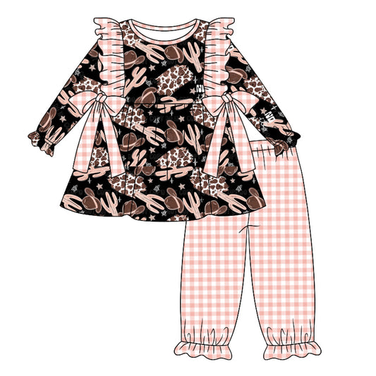 5.7custom each style moq 5eta 4-5week Sibling Sister Western style western cowboy prints pink girls outfits and baby romper and dress match family design