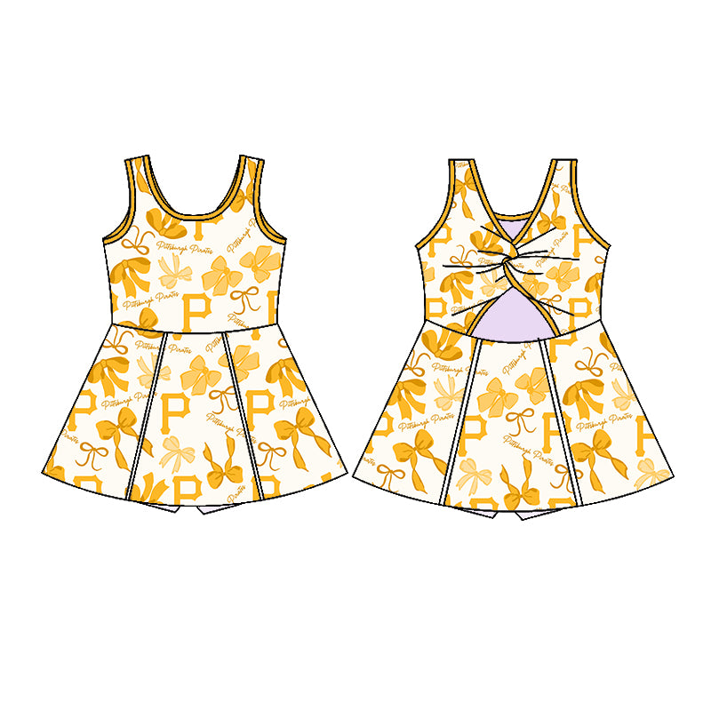 Custom moq 5 mix sizes summer teams baby girls clothes team yellow short sleeve skirts shorts sets dress 1 and dress 2 and dress 3 and dress 4-25.5.22