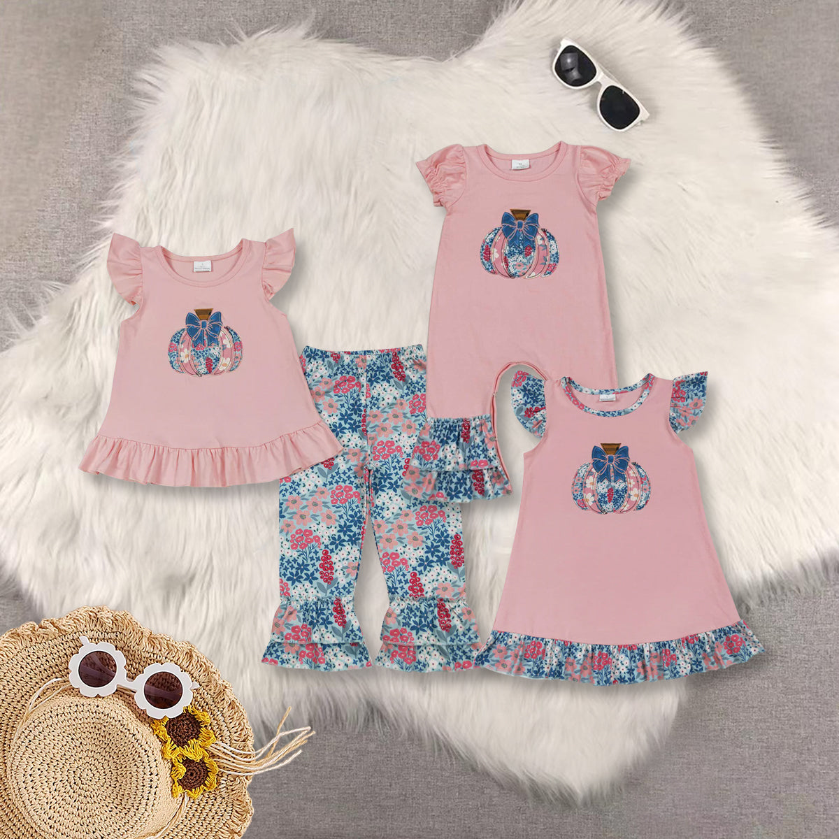 RTS NO MOQ Sibling baby Girls clothes halloween embroidery pumpkin short sleeve pants Sets dress romper