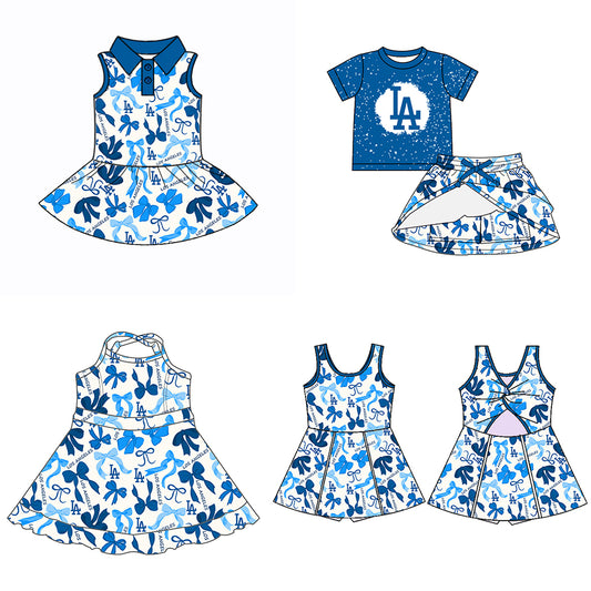 Custom moq 5 mix sizes summer teams baby girls clothes team blue short sleeve skirts shorts sets dress 1 and dress 2 and dress 3 and dress 4-25.5.16