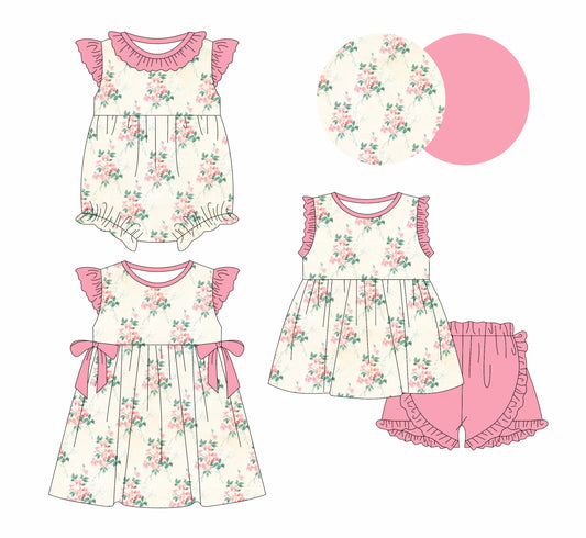 1.11 custom each style moq 5eta 4-6week Sibling Sister floral baby girl short sleeve shorts sets and dress and rompers match family design