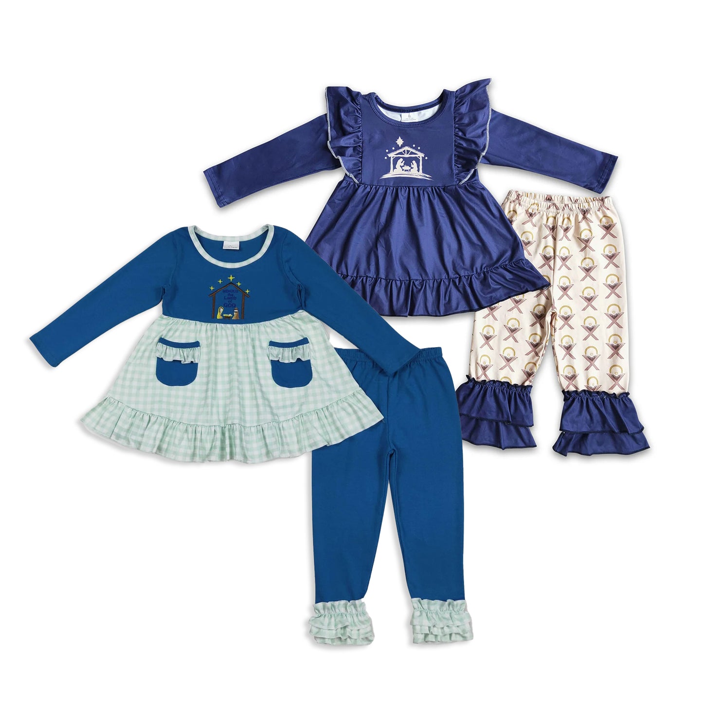 RTS NO MOQ Sibling Baby Girls Christmas trees Long Sleeve Pants Set