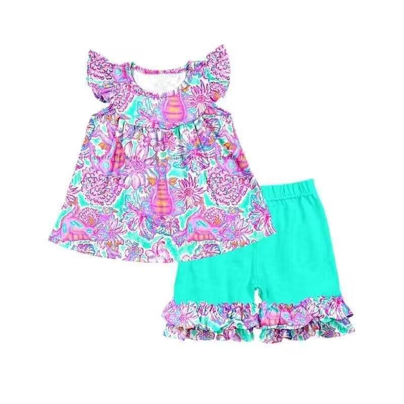 custom moq 5 eta 4-5 weeks baby girls clothes pattern flying sleeve shorts summer outfit