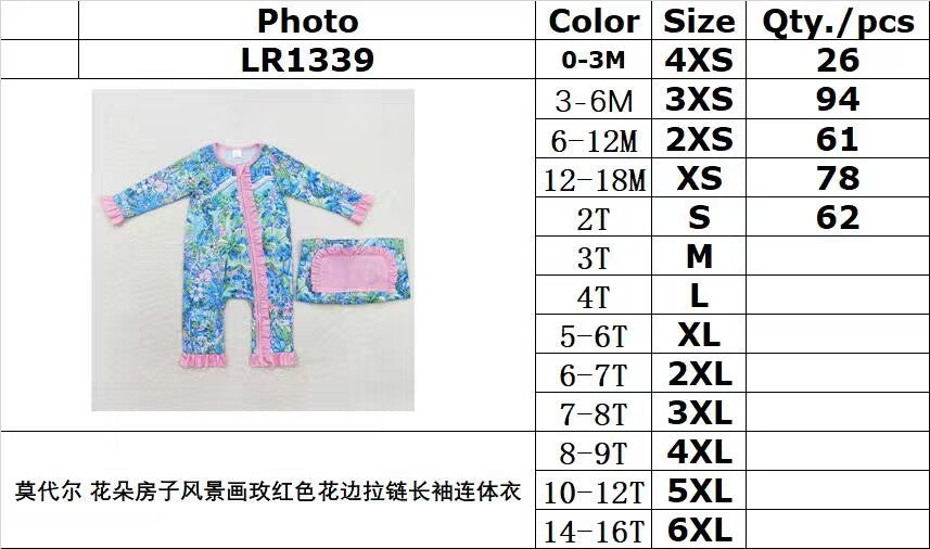 bamboo rts no moq LR1339 Modal flower house landscape painting rose red lace zipper long-sleeved jumpsuit