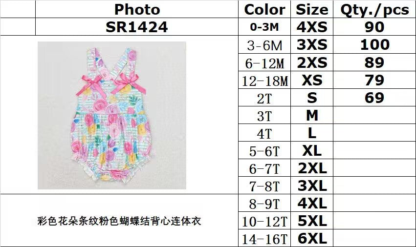 RTS no moq SR1424 Colorful flower stripes pink bow vest jumpsuit