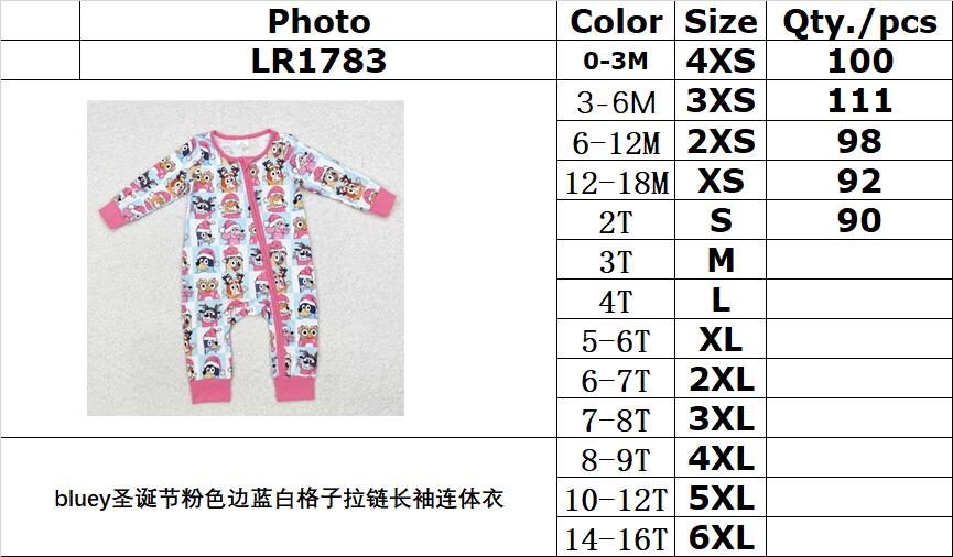 RTS NO MOQ ETA 5/7days arrived LR1783 bluey Christmas pink edge blue and white plaid zipper long sleeve jumpsuit