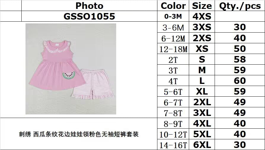 rts no moq GSSO1055 Embroidered Watermelon Stripe Lace Doll Collar Pink Sleeveless Shorts Set