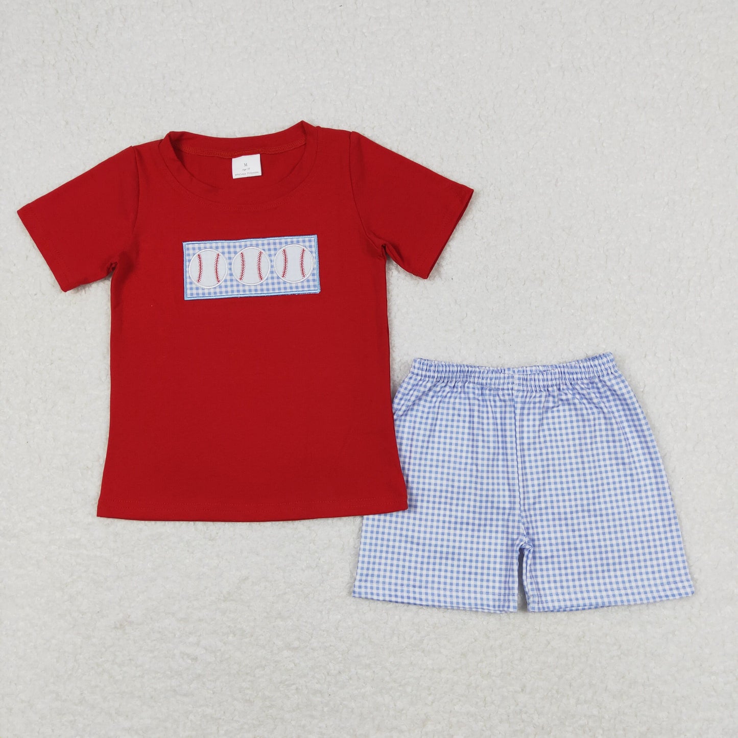 BSSO0405 Embroidered baseball red short-sleeved blue and white plaid shorts suit
